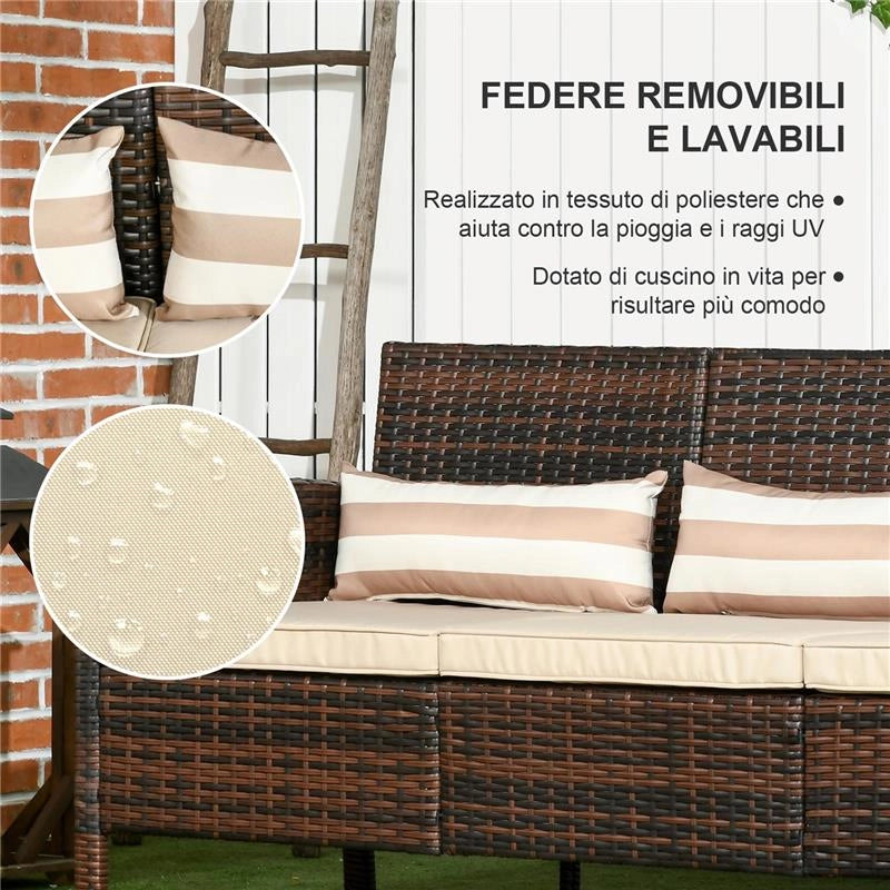DIVANO 3 POSTI DA ESTERNO IN RATTAN PE CON CUSCINI IMBOTTITI E SFODERABILI, 173X68X78 CM, MARRONE