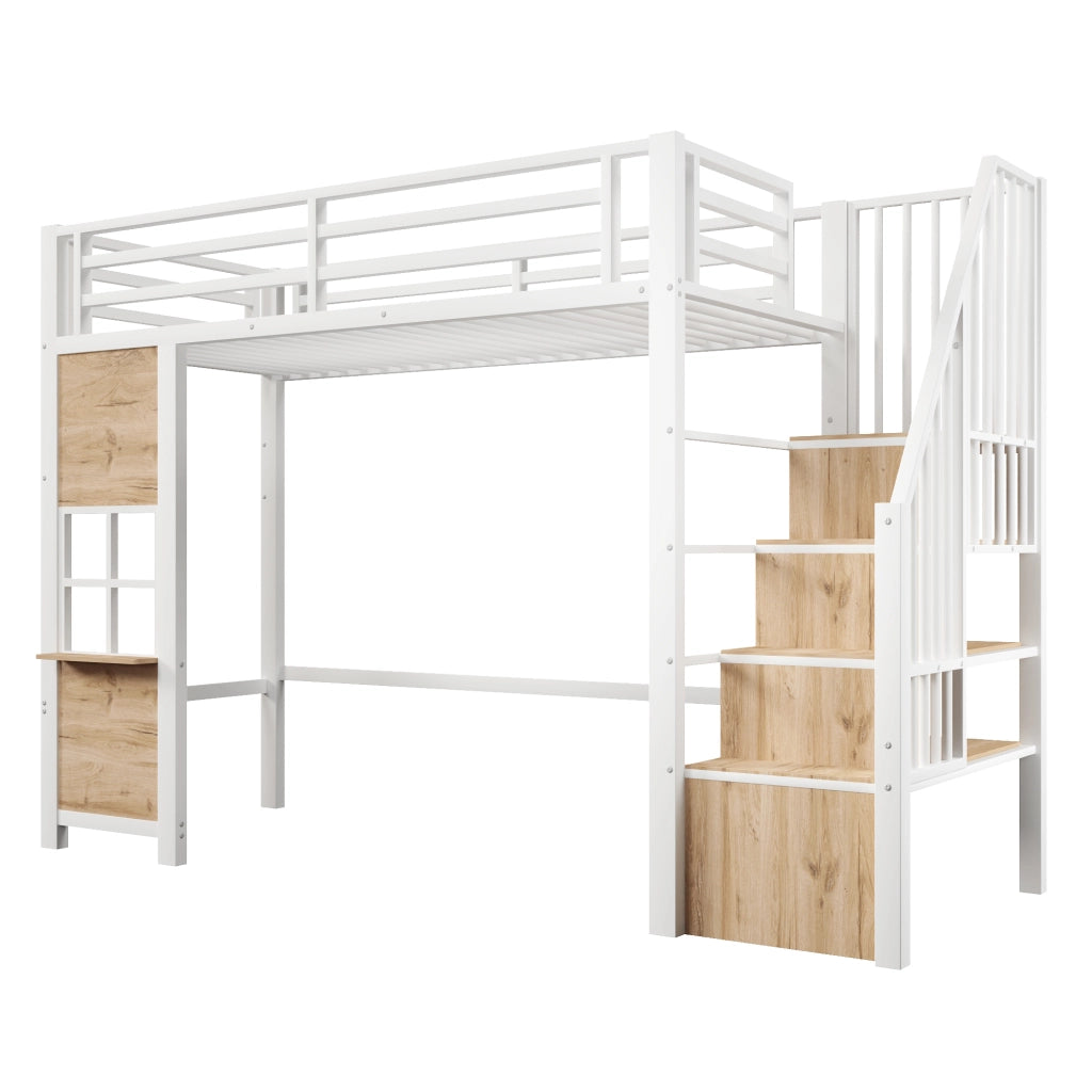 LETTO a soppalco 90x200 cm in metallo e MDF bianco con scala contenitore