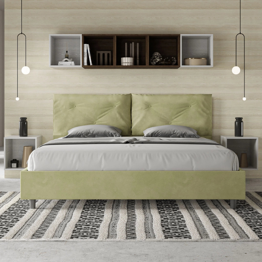 BS COM Letto matrimoniale king size contenitore imbottito 190x200 microfibra tè verde Large