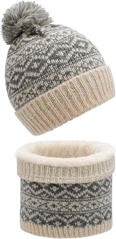 Cappello termico con pompon e sciarpa di lana spessa off-white - per donne