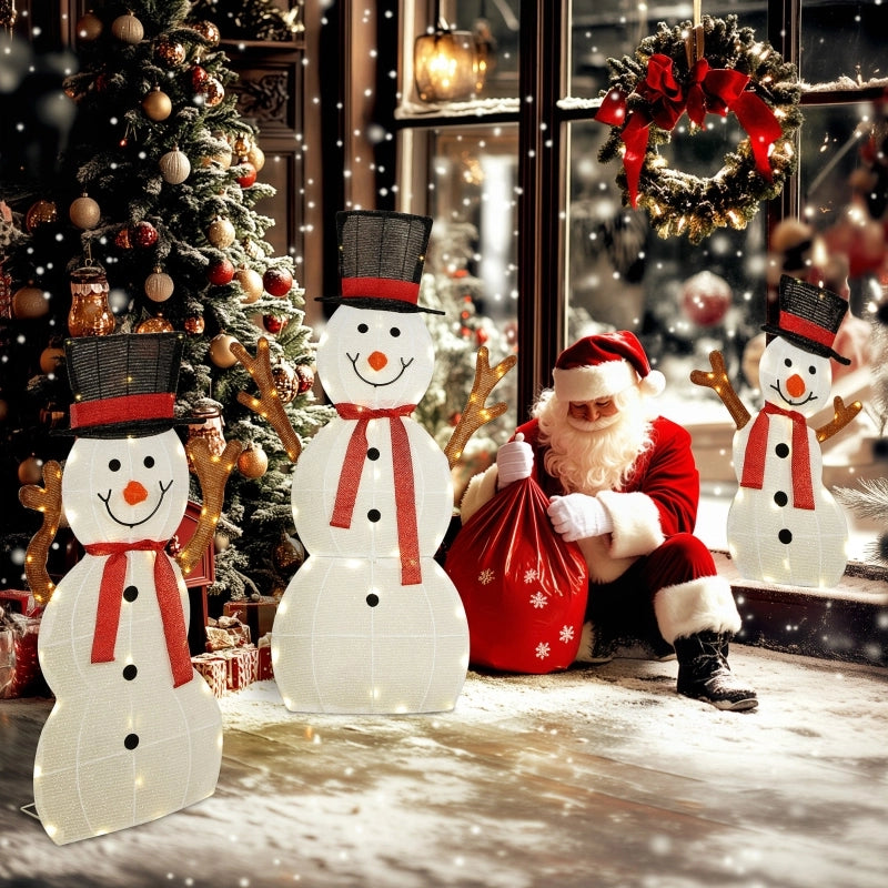 Famiglia di pupazzi di neve natalizi in 3 pezzi, decorazione per esterni, luci a LED, picchetti da terra, impermeabile, acciaio, poliestere, bianco