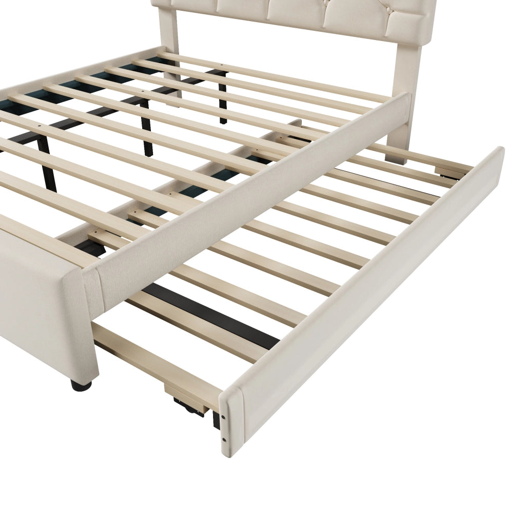 Letto imbottito 140x200 cm con letto estraibile in velluto beige