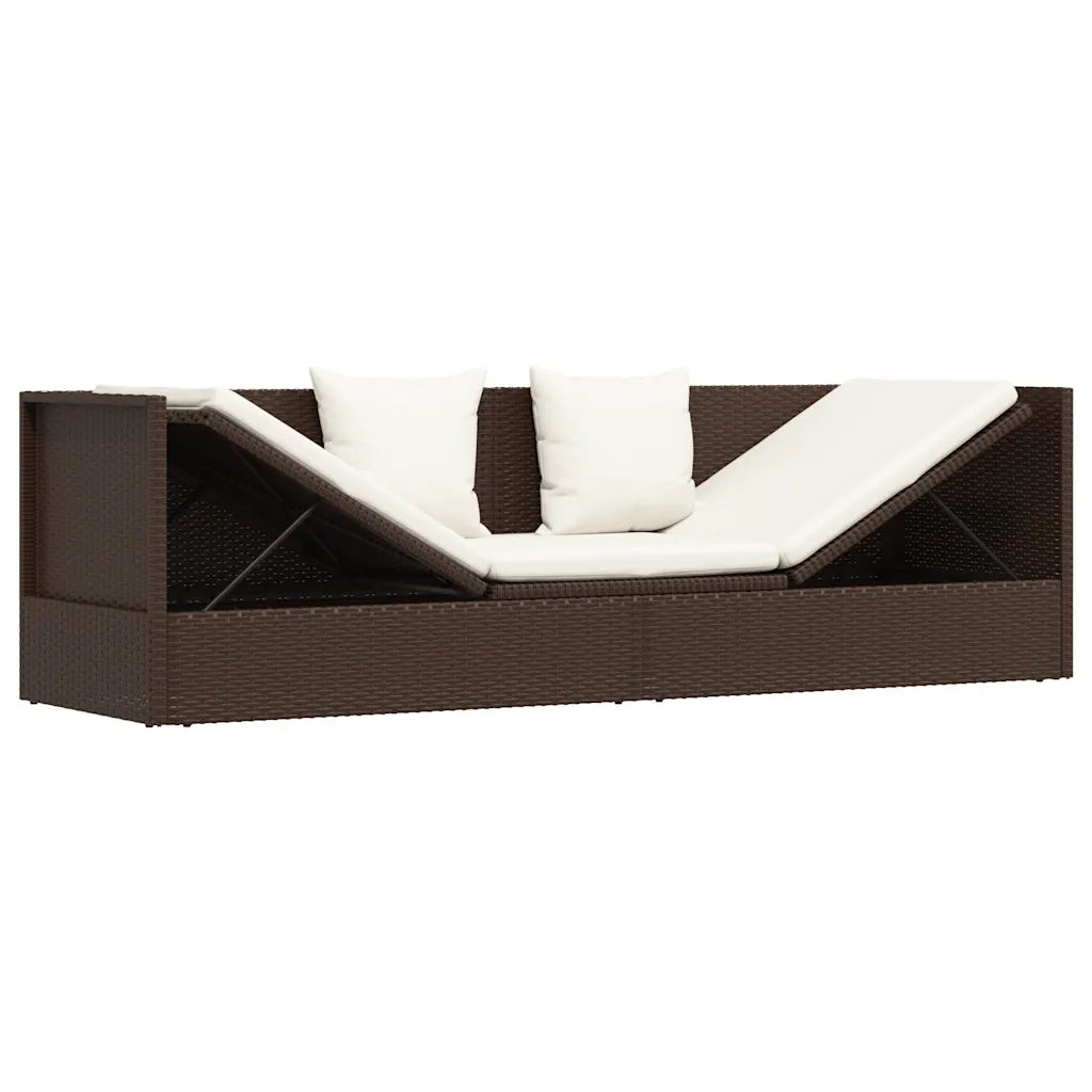 Lettino da Giardino con Cuscini in Polyrattan Marrone