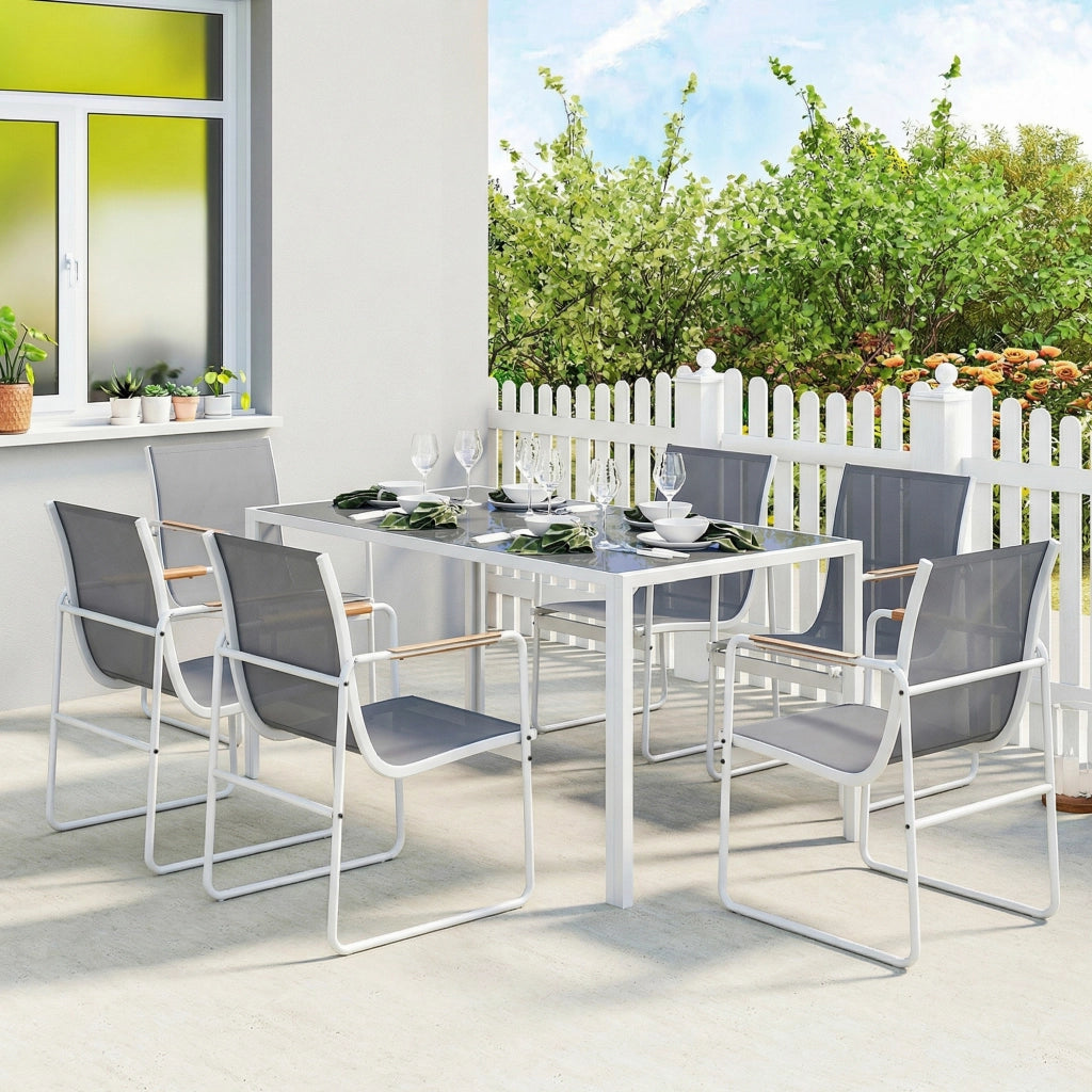 Set Tavolo da Pranzo e Sedie Giardino ¨C Xylo ¨C 6 Sedie Grigio Piano Vetro Temperato Bianco