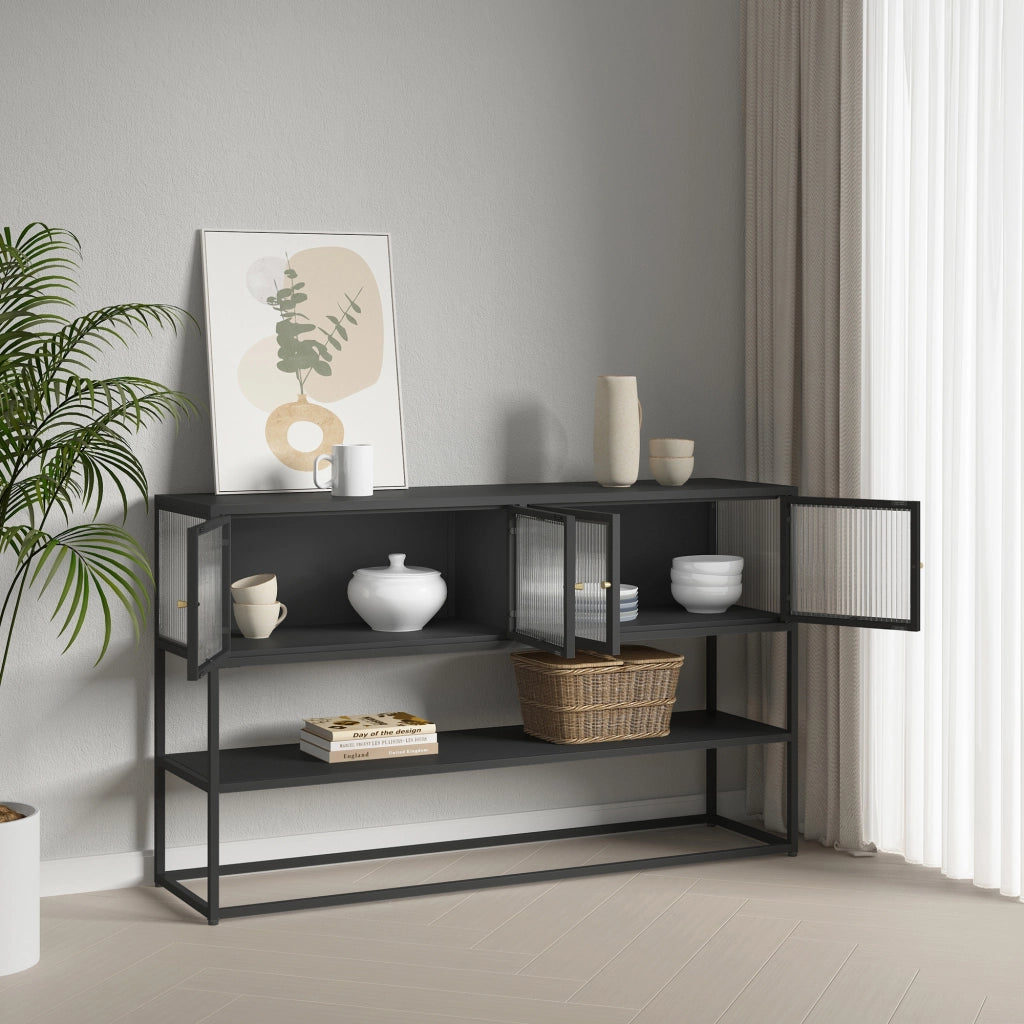 Credenza Bassa Säkylä con Ante in Vetro Scanalato 150x38x90 cm Nero [en.casa]
