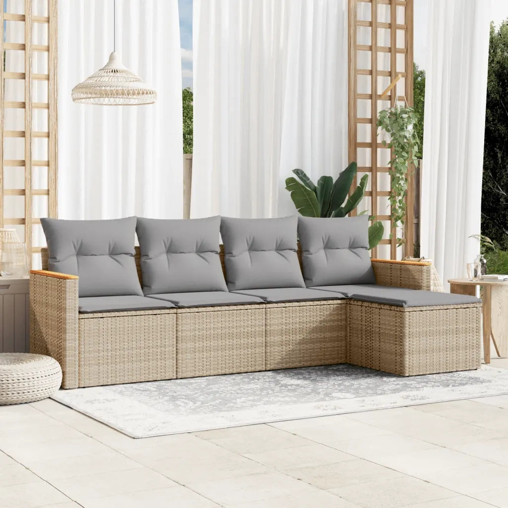 Set Divano da Giardino 5 pz | Set Salotto da Giardino con Cuscini Beige in Polyrattan