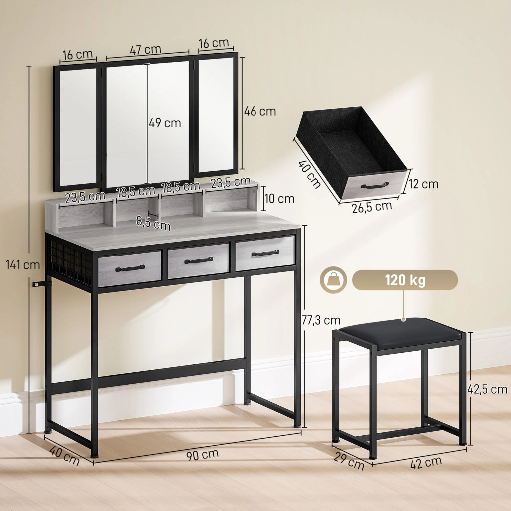 Cassettiera per Trucco con Specchio e Sgabello ¨C Minimal ¨C Grigio Tessuto 3 Cassetti