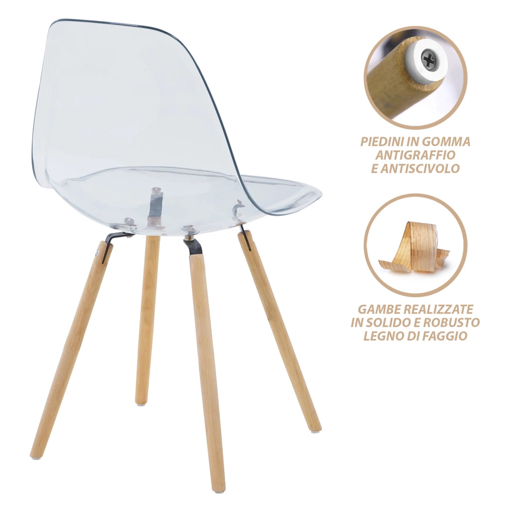 Set 4 Sedie Trasparenti  In Polipropilene Con Gambe In Legno Di Faggio Schienale Ergonomico Sedia Cucina Soggiorno Sala Attesa Eleganti Moderne Robuste Solide