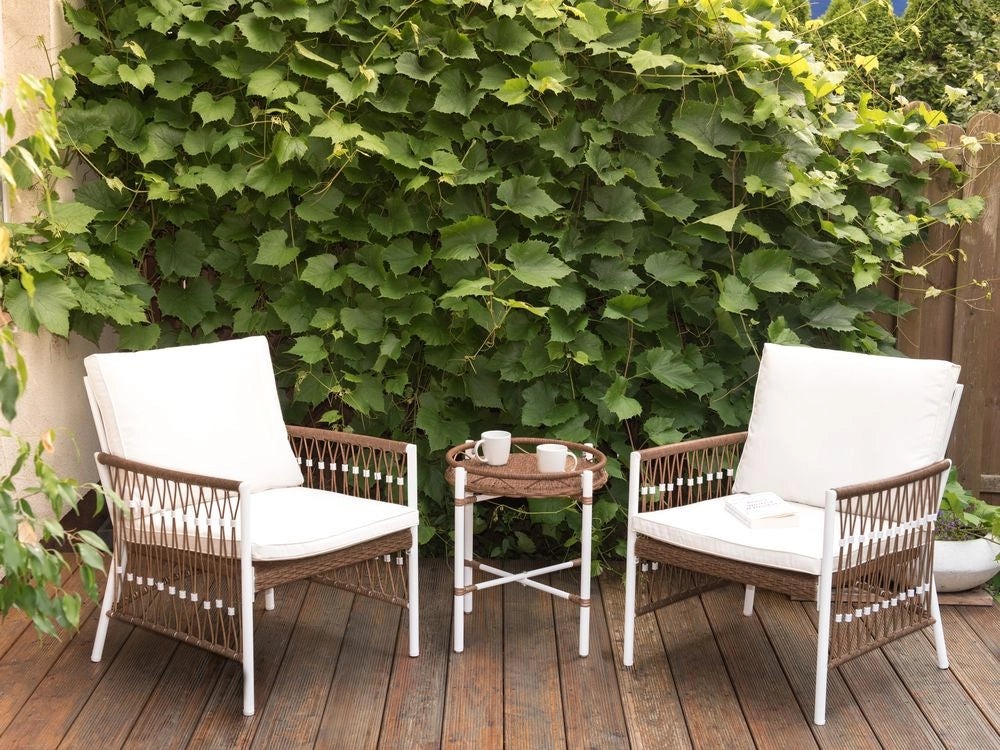 Set Balcone Bianco Alluminio Poliestere 2 Posti 2 Sedie e un Tavolo