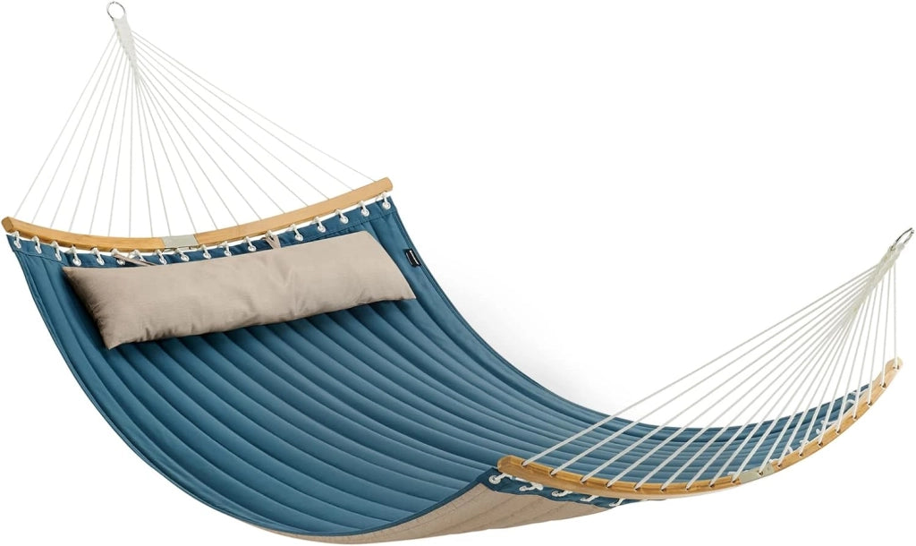 SONGMICS Amaca Doppia Imbottita, Amaca da Campeggio Giardino con Barre Curve in Bambù Separabili, con Cuscino, 200 x 140 cm, Max Portata 225 kg, Crema e Beige GDC34BE