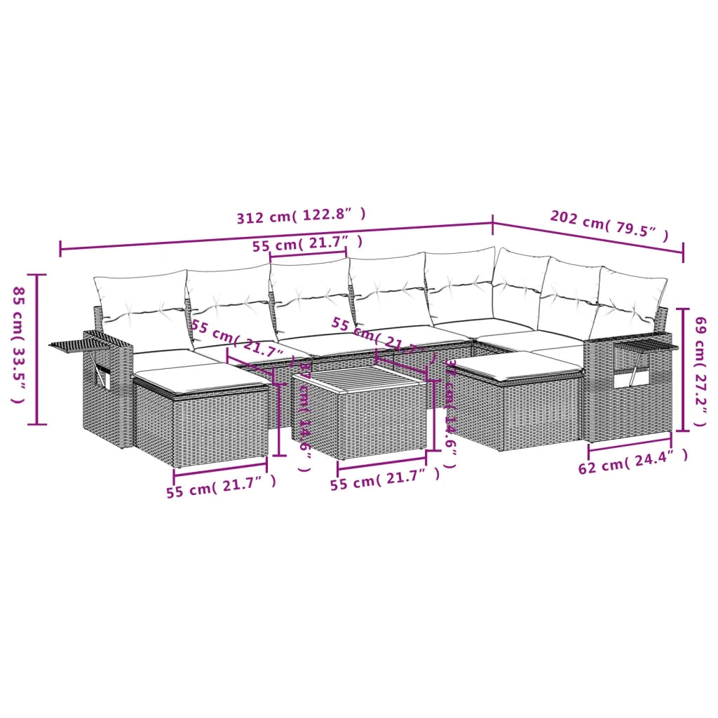 Set Divani da Giardino 10pz con Cuscini in Polyrattan Nero 3224845