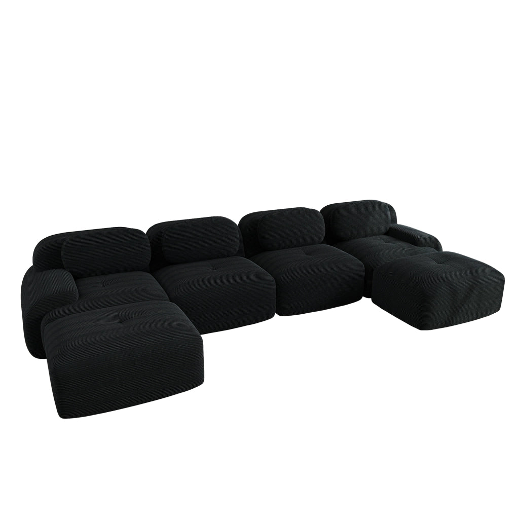 Divano Modulare U a Posti ¨C MINIMAL ¨C Nero, Tessuto Cordato, Braccioli Larghi