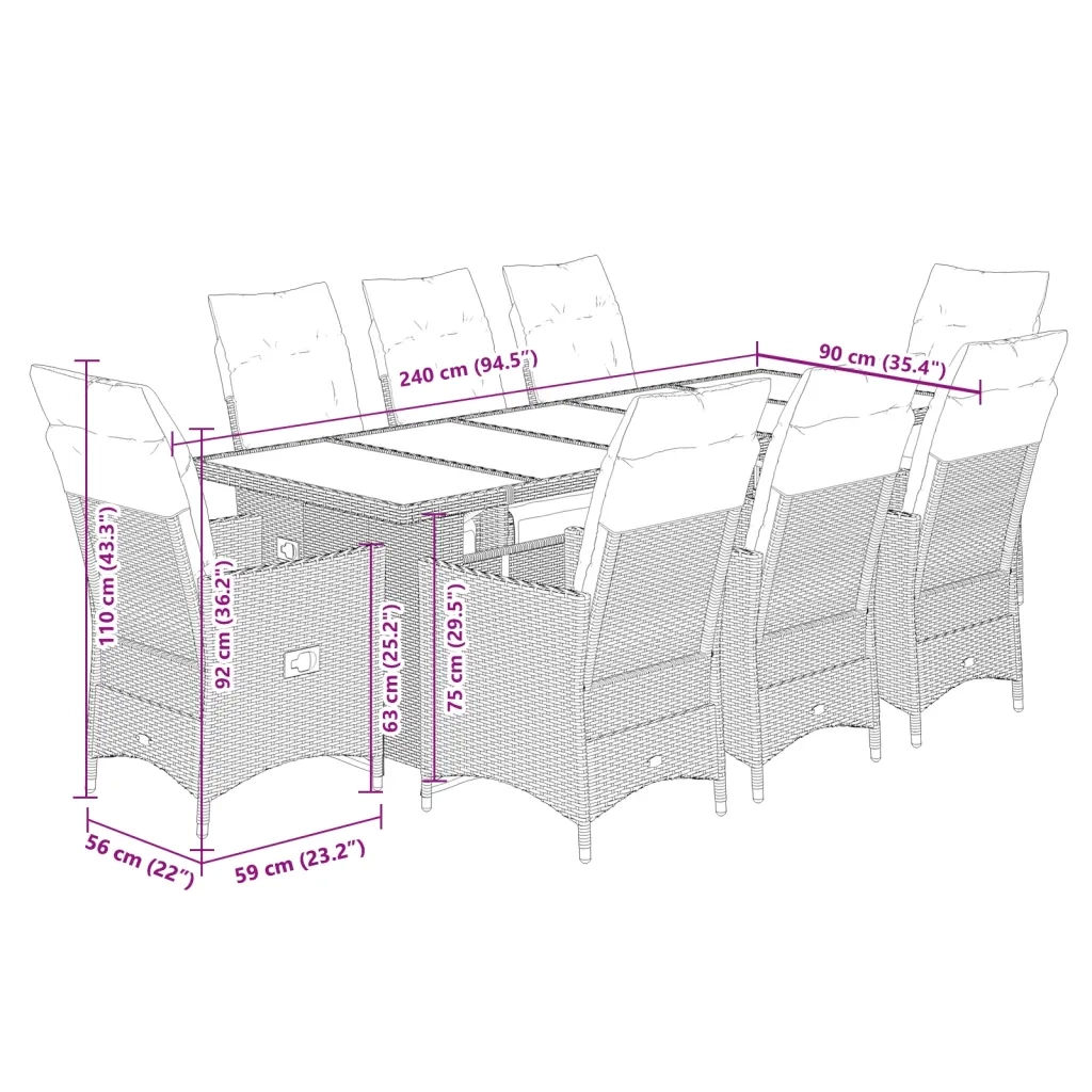 Set Bistrò da Giardino 9 pz con Cuscini in Polyrattan Nero 3277255