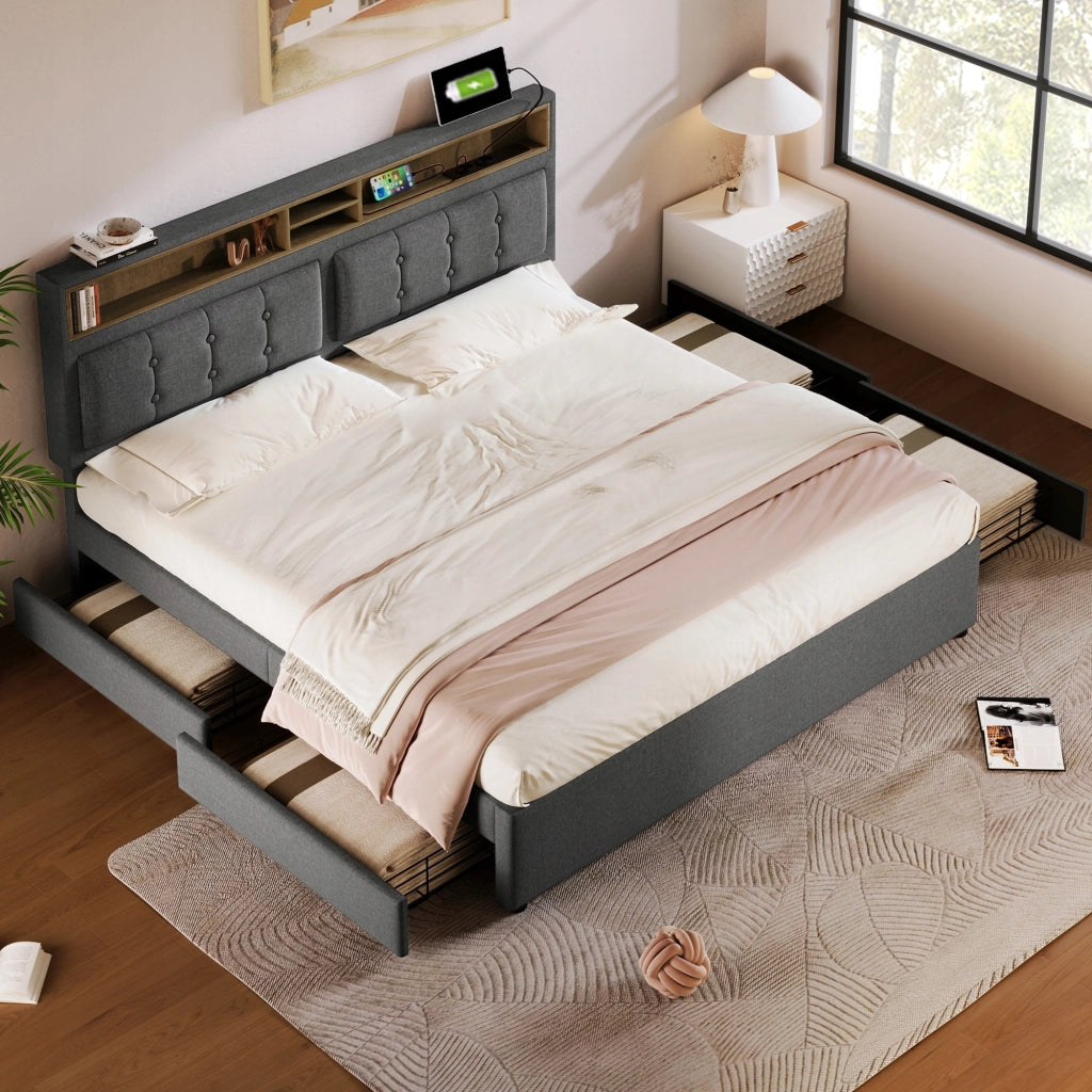 Letto imbottito 140x200 con 4 cassetti e USB - Xylo
