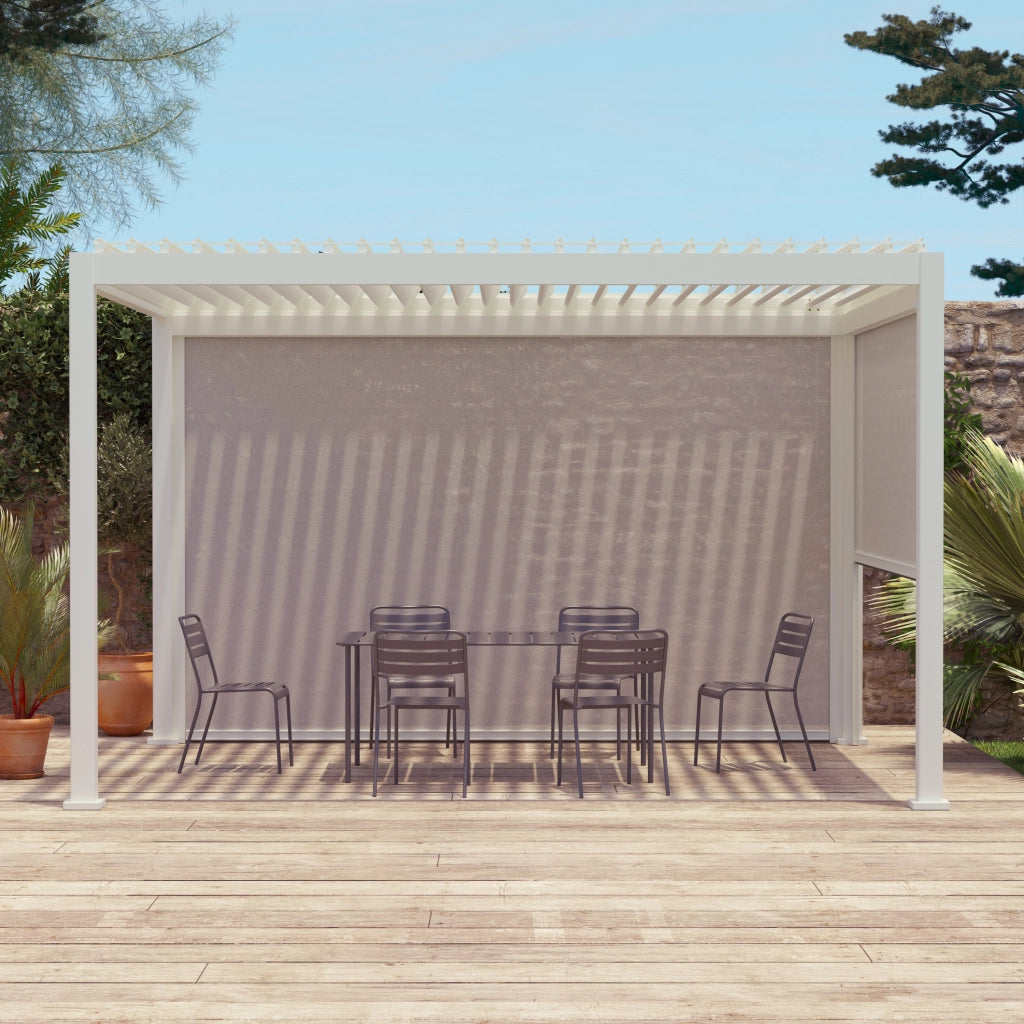 Pergola bioclimatica bianca + tenda 3m + tenda 4m