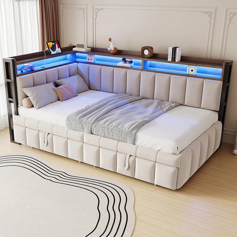 Divano letto 90x200cm?- Xylo - gigogne LED USB velluto beige