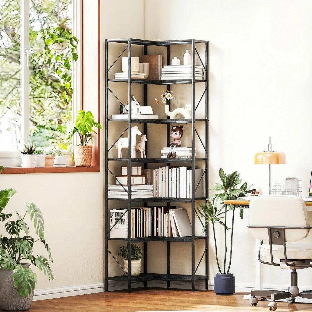 Libreria Angolare Scaffale Industriale 7 Ripiani ¨C zephmum ¨C Effetto Legno Nero