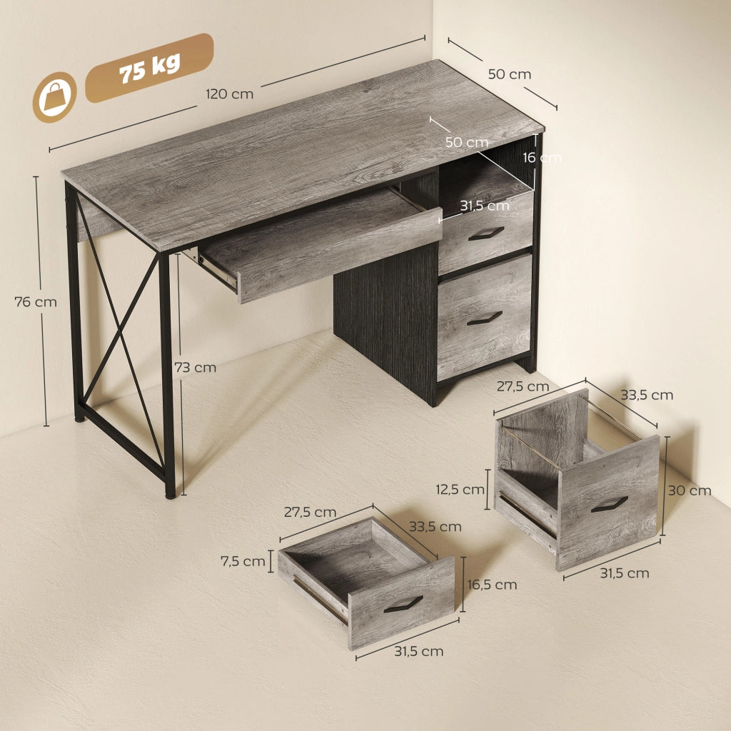 Scrivania per computer con cassetti e ripiano per tastiera ¨C Minimal ¨C Grigio 120x50x