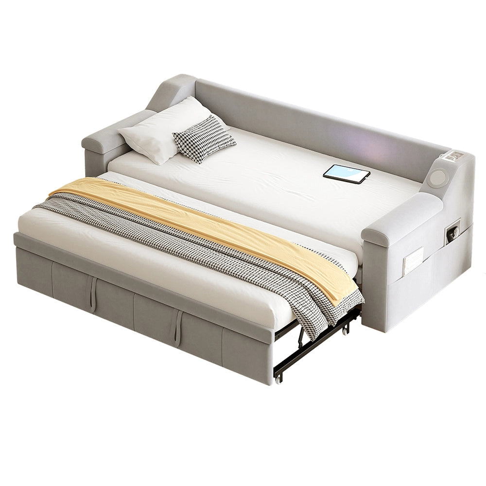 Divano letto - Xylo - 90x190 cm Bluetooth USB velluto grigio chiaro