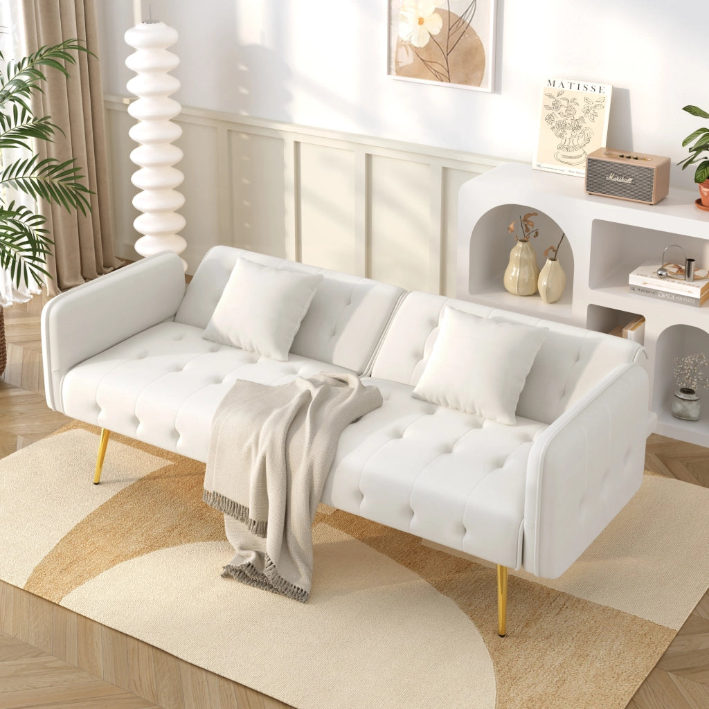 OKWISH Divano Letto 2 Posti, Schienale Regolabile e Braccioli Multi Posizione, con Cuscini, Velluto, Bianco Antico