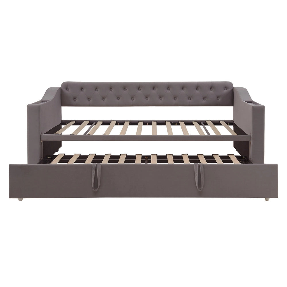 Divano letto - Xylo - 90/180x190 cm braccioli USB velluto grigio scuro