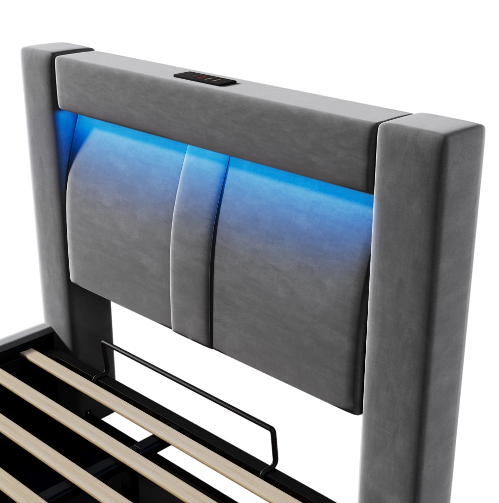 Letto singolo 90x200 cm con contenitore; LED; porte USB e USB C; velluto grigio