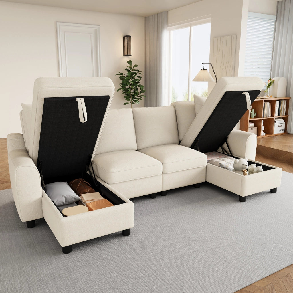 Divano panoramico a U modulare con contenitore e cuscini in chenille beige 280 × 137 × 84 cm