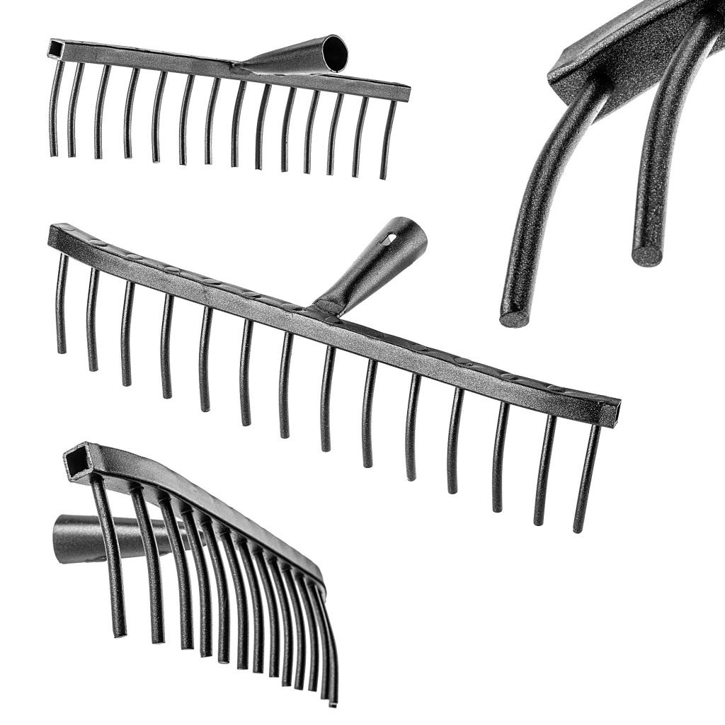 Rastrello da giardino KADAX in acciaio a 14 denti, senza manico.