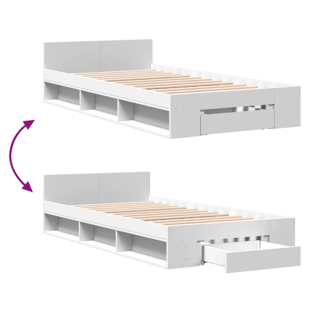 Letto singolo | Letto per adulti | Giroletto con Cassetto Bianco 90x200 cm in Legno Multistrato