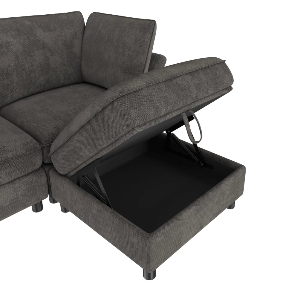 Divano angolare modulare a U 6-7 posti con contenitore e 2 pouf, in ciniglia grigio