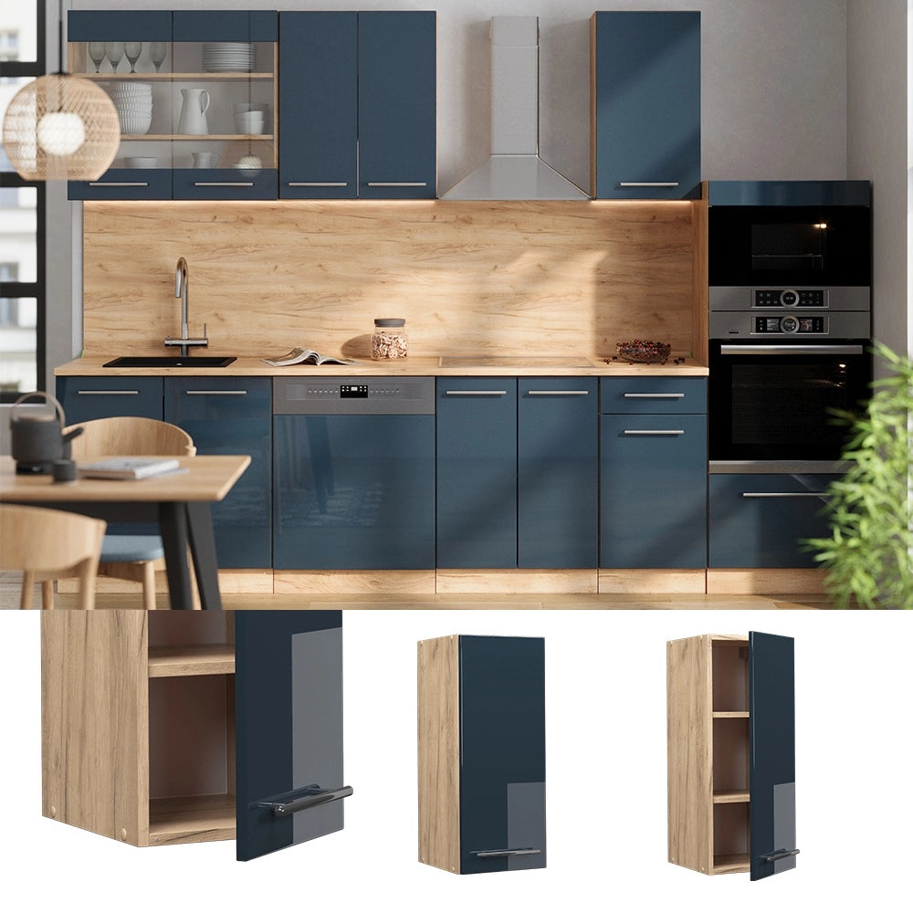 Pensile da cucina Fame-Line Blu scuro lucido/Rovere dorato 30 cm Vicco