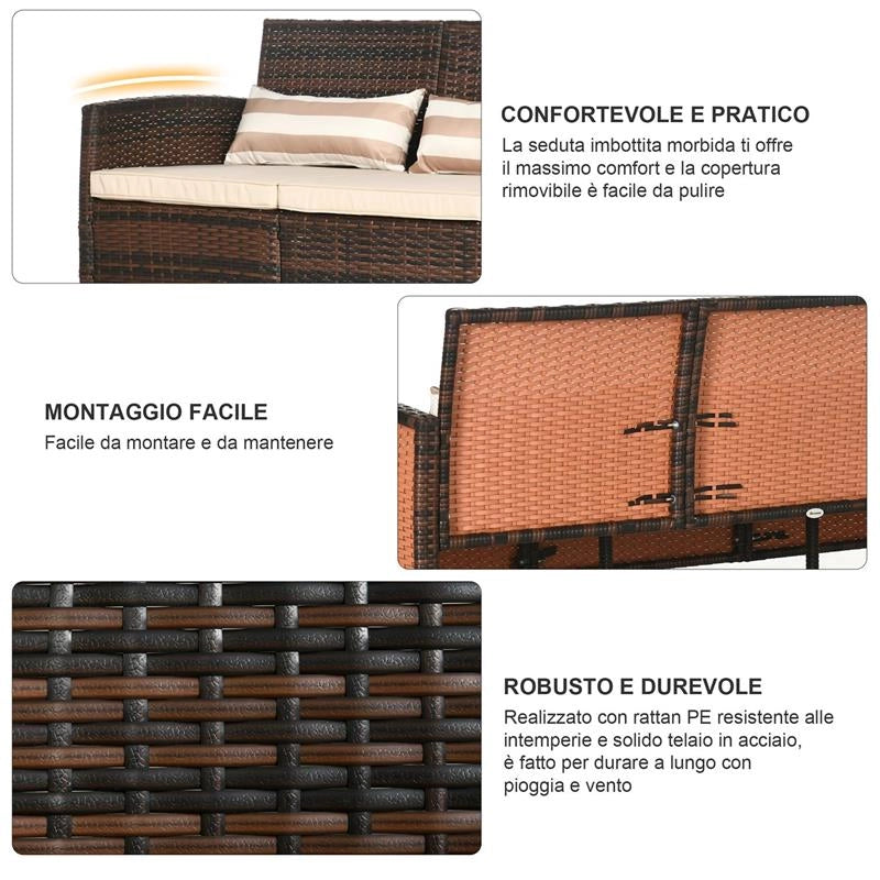 DIVANO 3 POSTI DA ESTERNO IN RATTAN PE CON CUSCINI IMBOTTITI E SFODERABILI, 173X68X78 CM, MARRONE