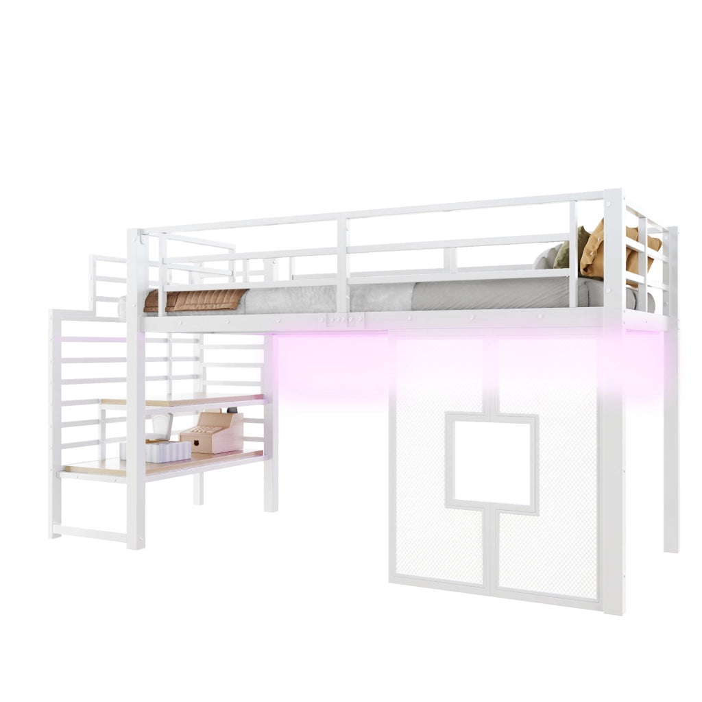 LETTO A SOPPALCO 90x200 cm in metallo bianco con scala e LED