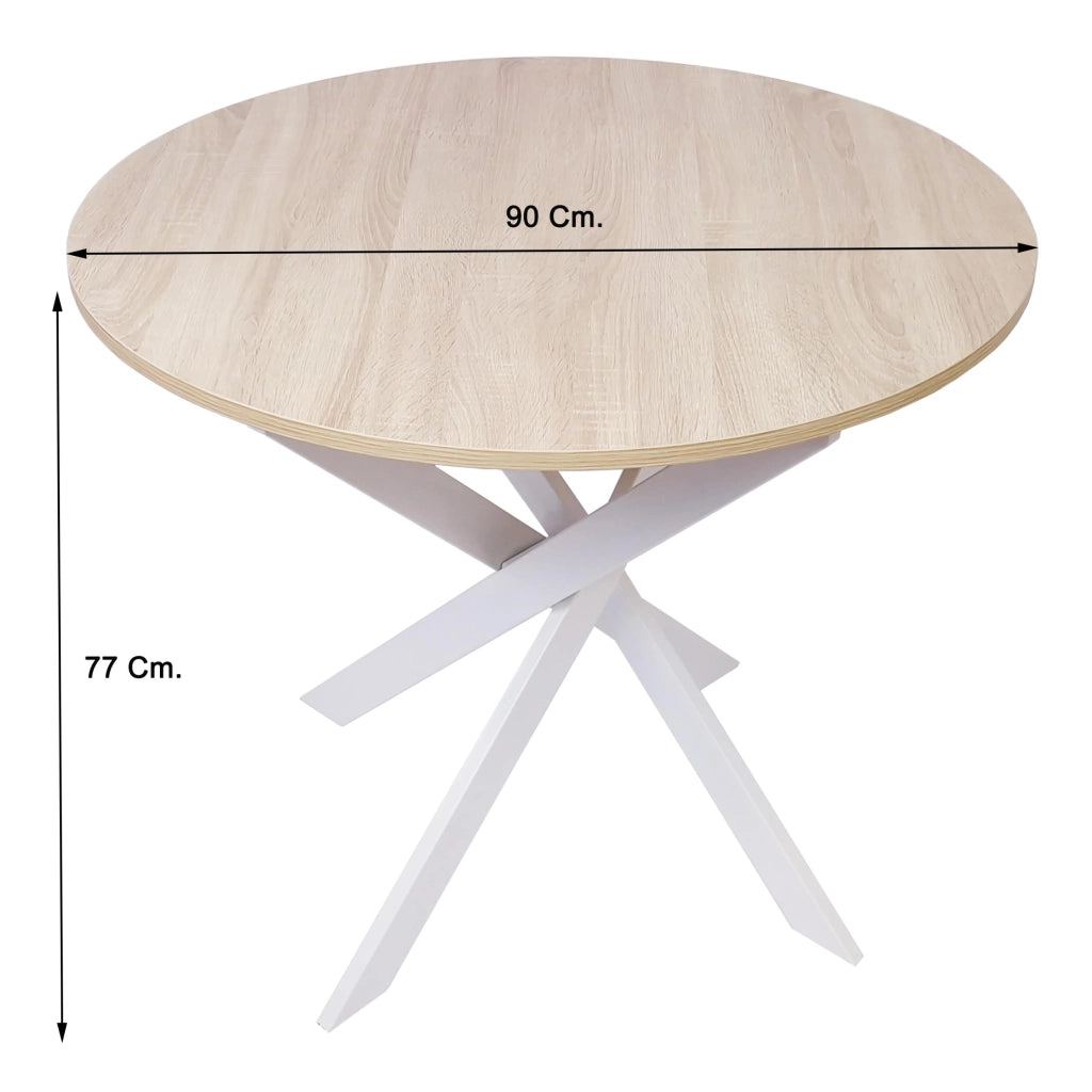 Tavolo da pranzo rotondo ZEN, 90x90x77cm, per 4 persone, colore Rovere, Gambe in metallo laccato bianco opaco RF1144