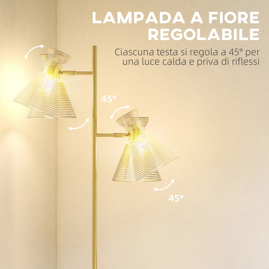 Lampada da Terra Moderna con 2 Luci e Teste Regolabili. Interruttore a Pedale. Oro