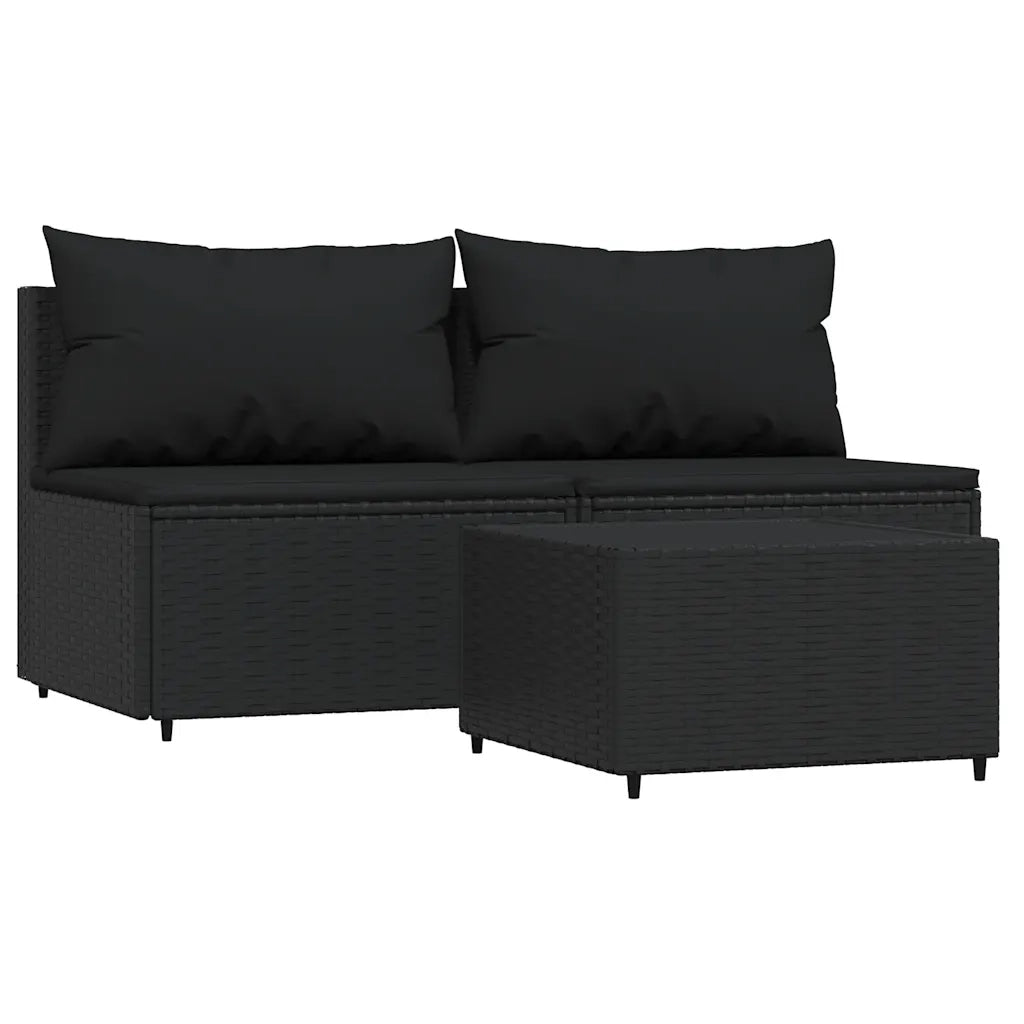 Set Divani da Giardino 3 pz | Set Salotto da Giardino con Cuscini Nero in Polyrattan