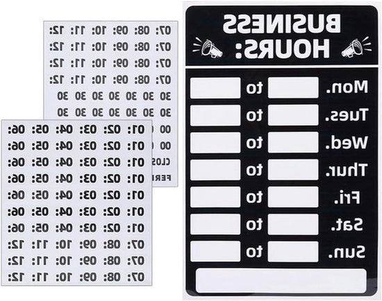 Ore di Apertura per Segnali - Tabelloni - Ufficio - Porta Vetrata Finestra - Negozio - Ufficio Ristorante - 3 pezzi - Aperto Chiuso - Numeri - Adesivi Self-Support - Inclusi