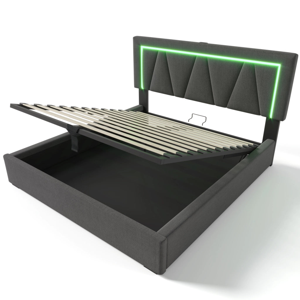 Letto Contenitore Imbottito LED ¨C MINIMAL ¨C 140x200, Tessuto, USB, Rete a Doghe