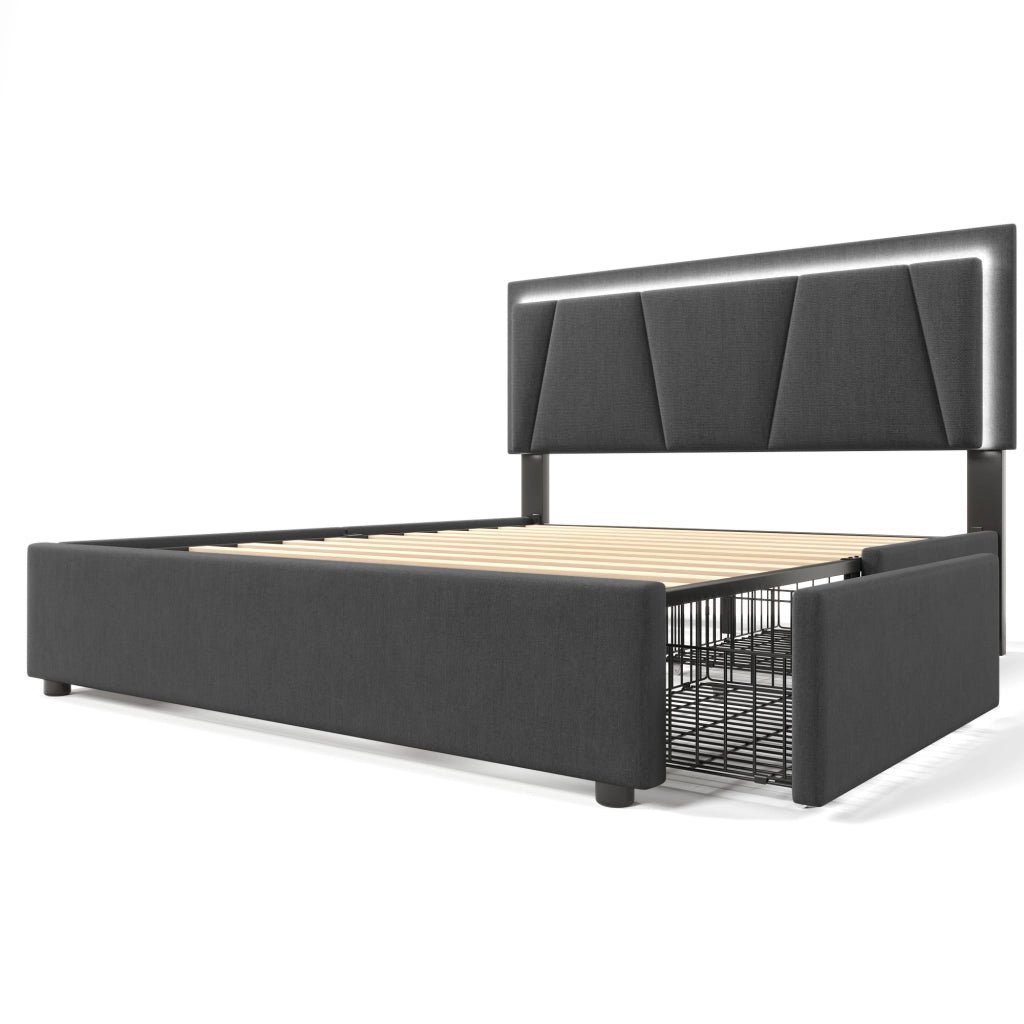 Letto Imbottito con LED e Cassetti ¨C MINIMAL ¨C Grigio, Testiera Regolabile, 140x200