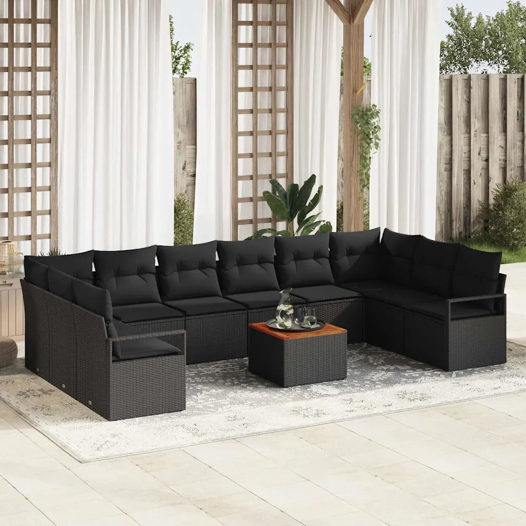 Set Divano da Giardino con cuscino 11 pcs Nero polyrattan