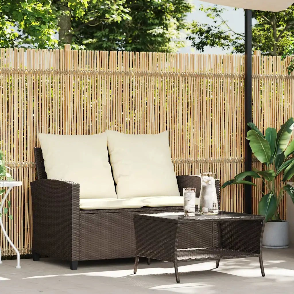 Divano a 2 Posti con Cuscini-Sofa 2 Posti con Cuscini e Tavolo Marrone Polyrattan
