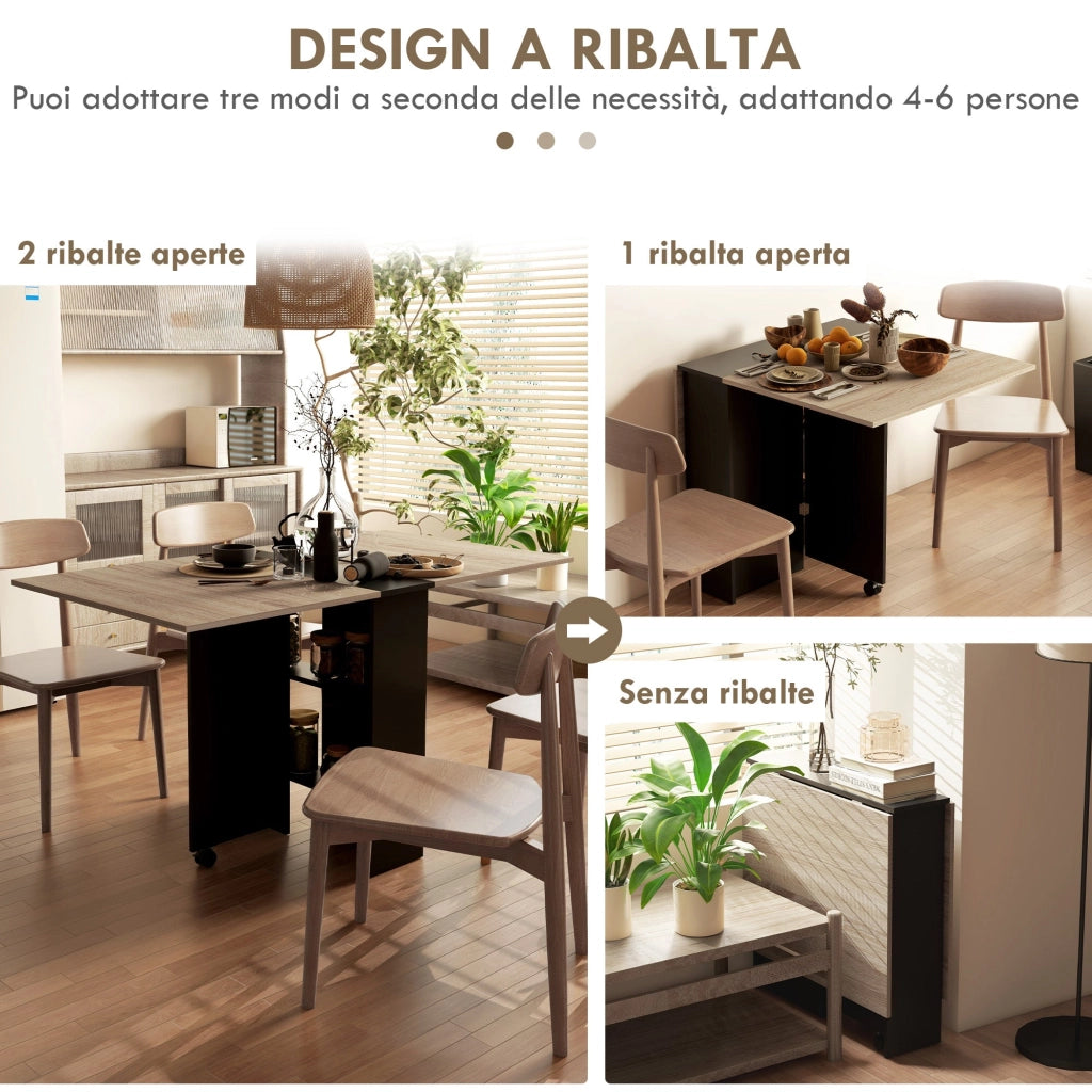 Tavolo Pieghevole Salvaspazio 140x75x74 cm con Ruote e Ripiani Rovere e Nero