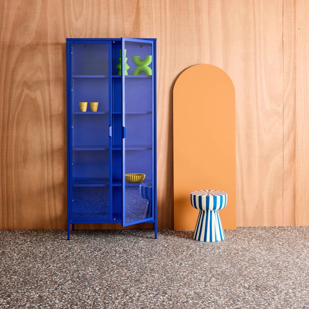 Credenza in acciaio e vetro temperato 2 porte, 180cm, blu