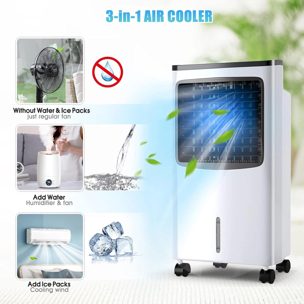 Ventilatore Condizionatore Portatile Senza Tubo 75W, 3 in 1 Air Cooler & Ventilatore & Umidificatore con Telecomando, 3 Velocità, Timer 7,5H, Serbatoio Acqua 8L, 38 X 28 X 74 CM, Bianco