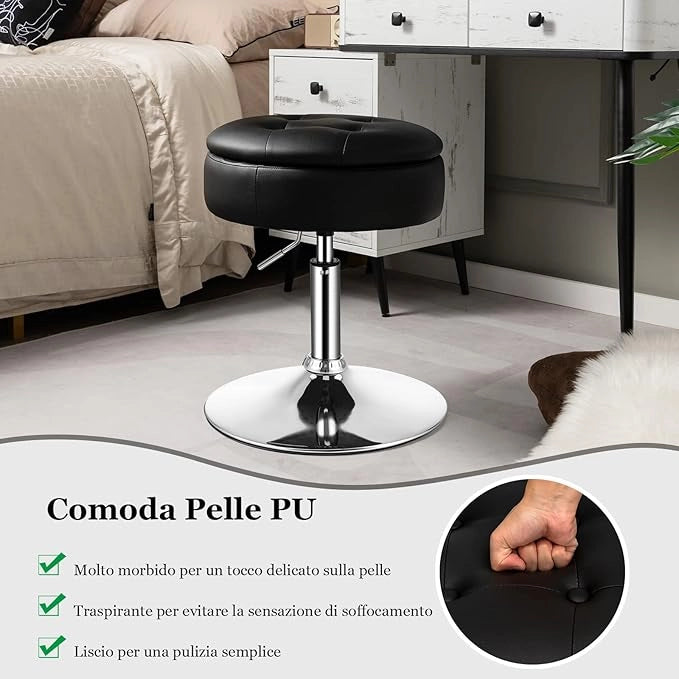 Sgabello Girevole Altezza Regolabile con Portaoggetti, Poggiapiedi Sgabelli da Trucco, Tavolino da Caffè, Sgabello da Lavoro Rotondo in Finta Pelle per Bar, Ufficio, Soggiorno, Camera (Nero)
