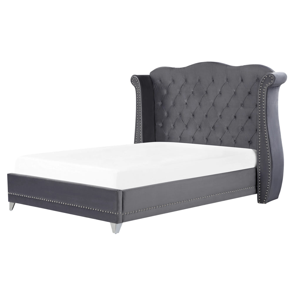 Letto 160 x 200 cm Velluto grigio Base a doghe Bottone trapuntato testiera