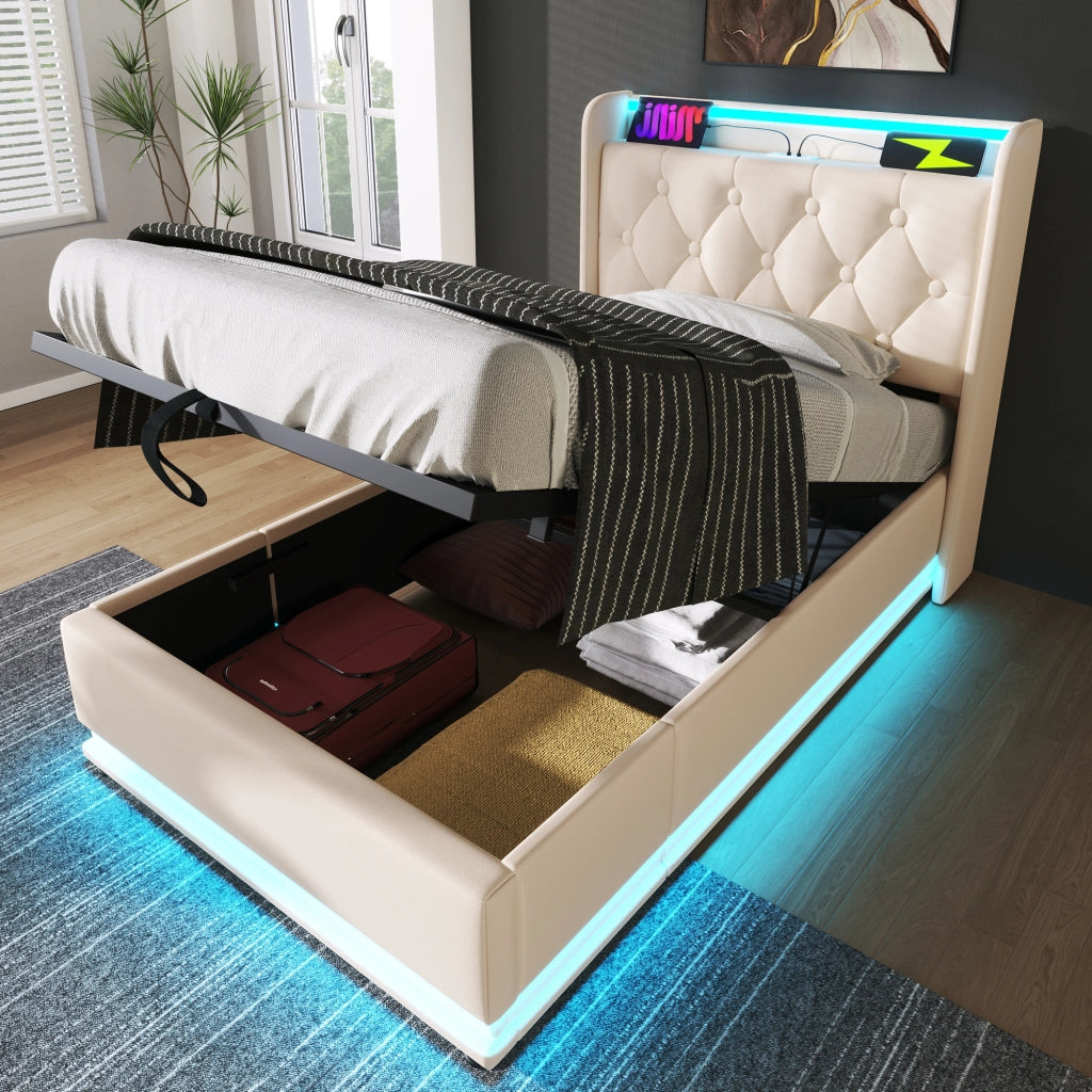 DESMIU Letto singolo 90 × 200 cm con contenitore, LED, USB e Type-C, con materasso, in PU, bianco