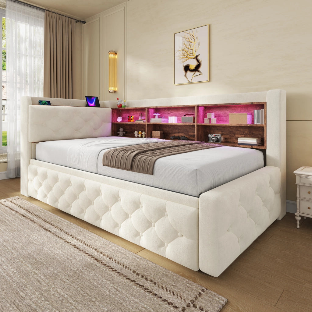 Divano letto estraibile 90x190 cm in velluto beige con contenitore, USB, Type-C e LED