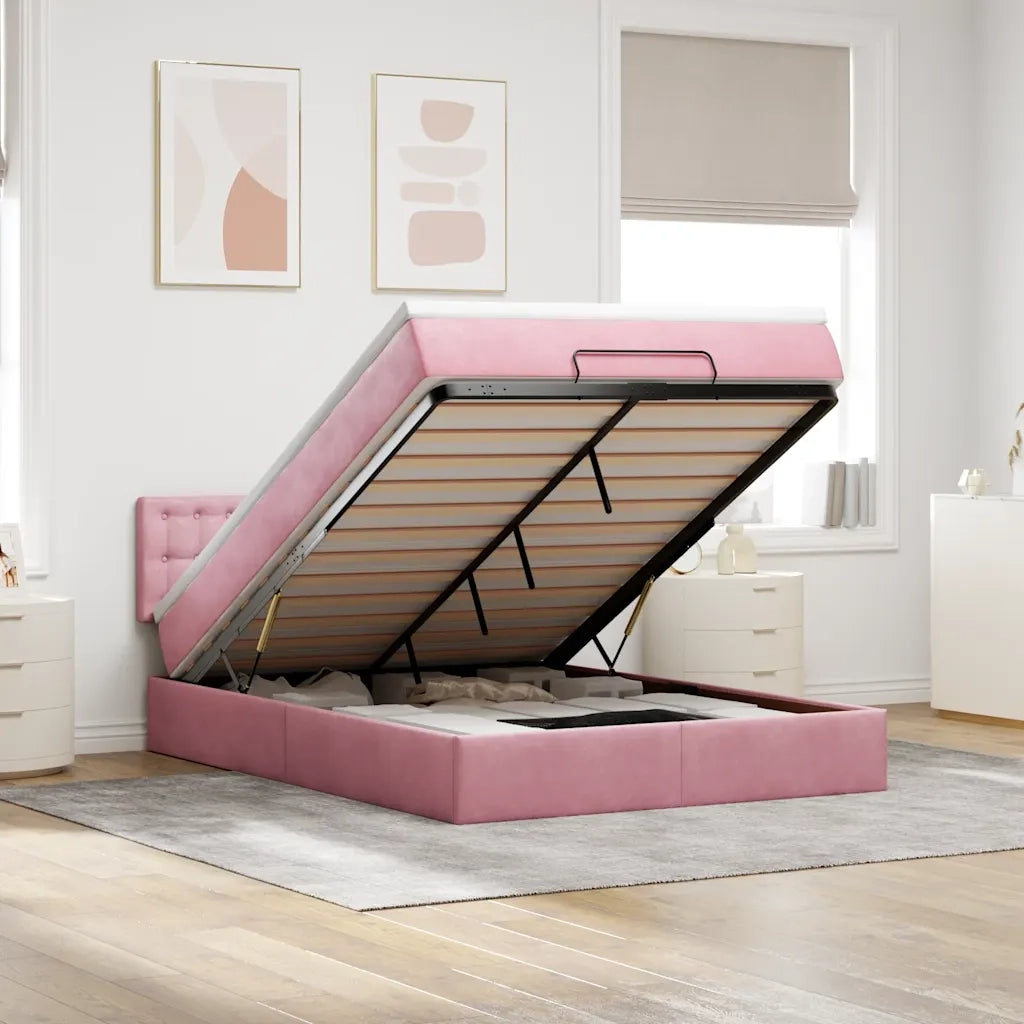 Struttura Letto Pouf con Materasso Rosa 140x200 cm in Velluto 3311926