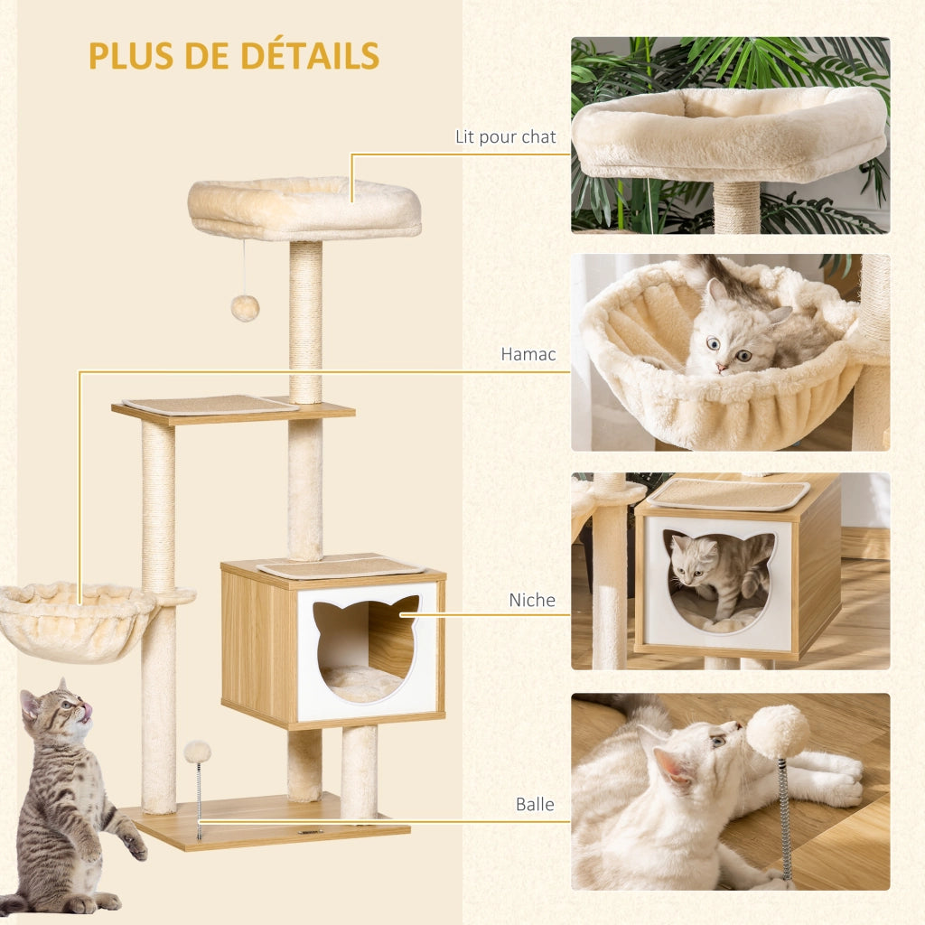 Albero tiragraffi per gatti con amaca e cuscini ¨C Minimal ¨C 126 cm naturale beige